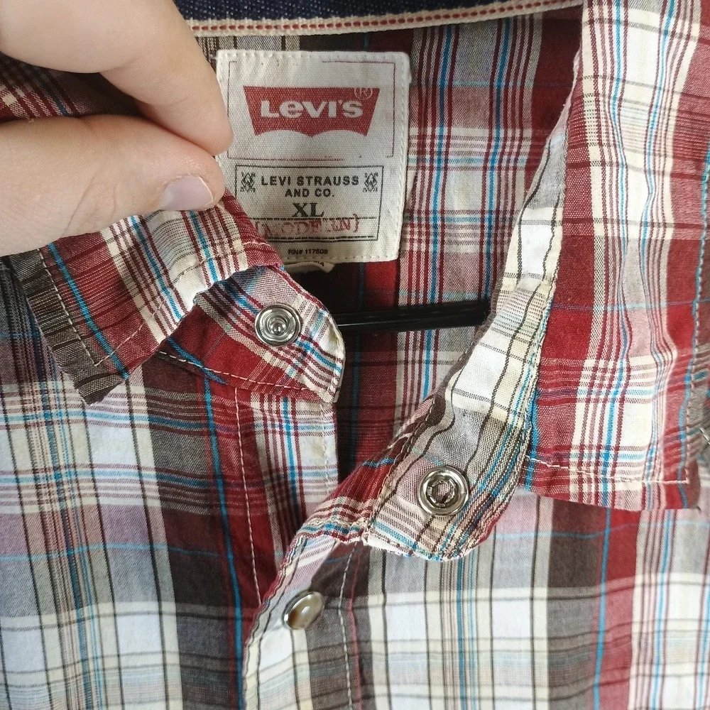 Levi's Shirt Men XL Red Beige Plaid‎ Flannel Western Pearl Snap Double Pocket